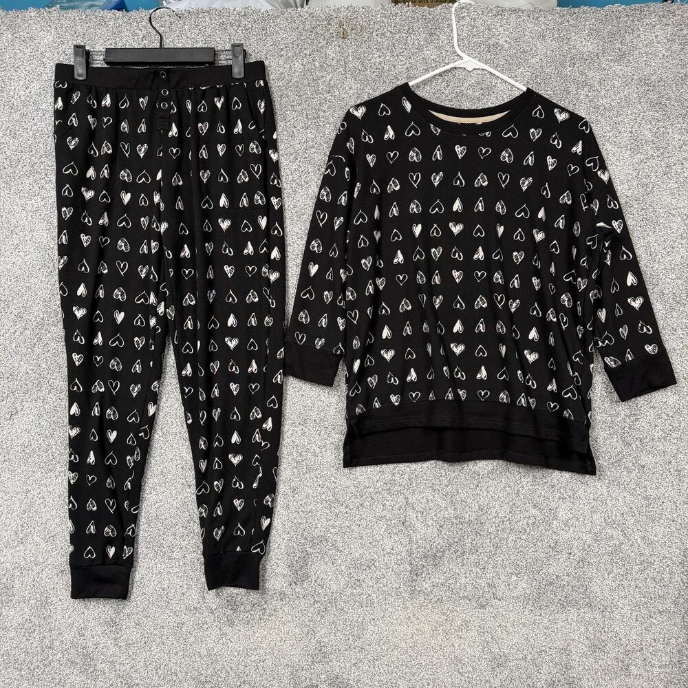 Cuddl Duds Pajama Set Womens Small Black Heart Print Knit Lounge Sleepwear
